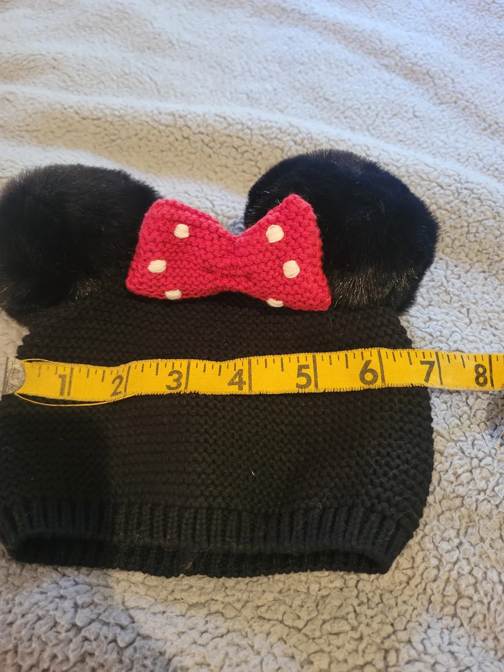 GAP Disney Black Knit Hat with Red Polka Dot Bow and Faux Fur Pom Ears